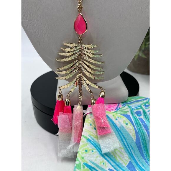 Lilly Pulitzer Jungle Rain Long Necklace (Cockatoo Pink) Tassels New with Pouch - Picture 4 of 11